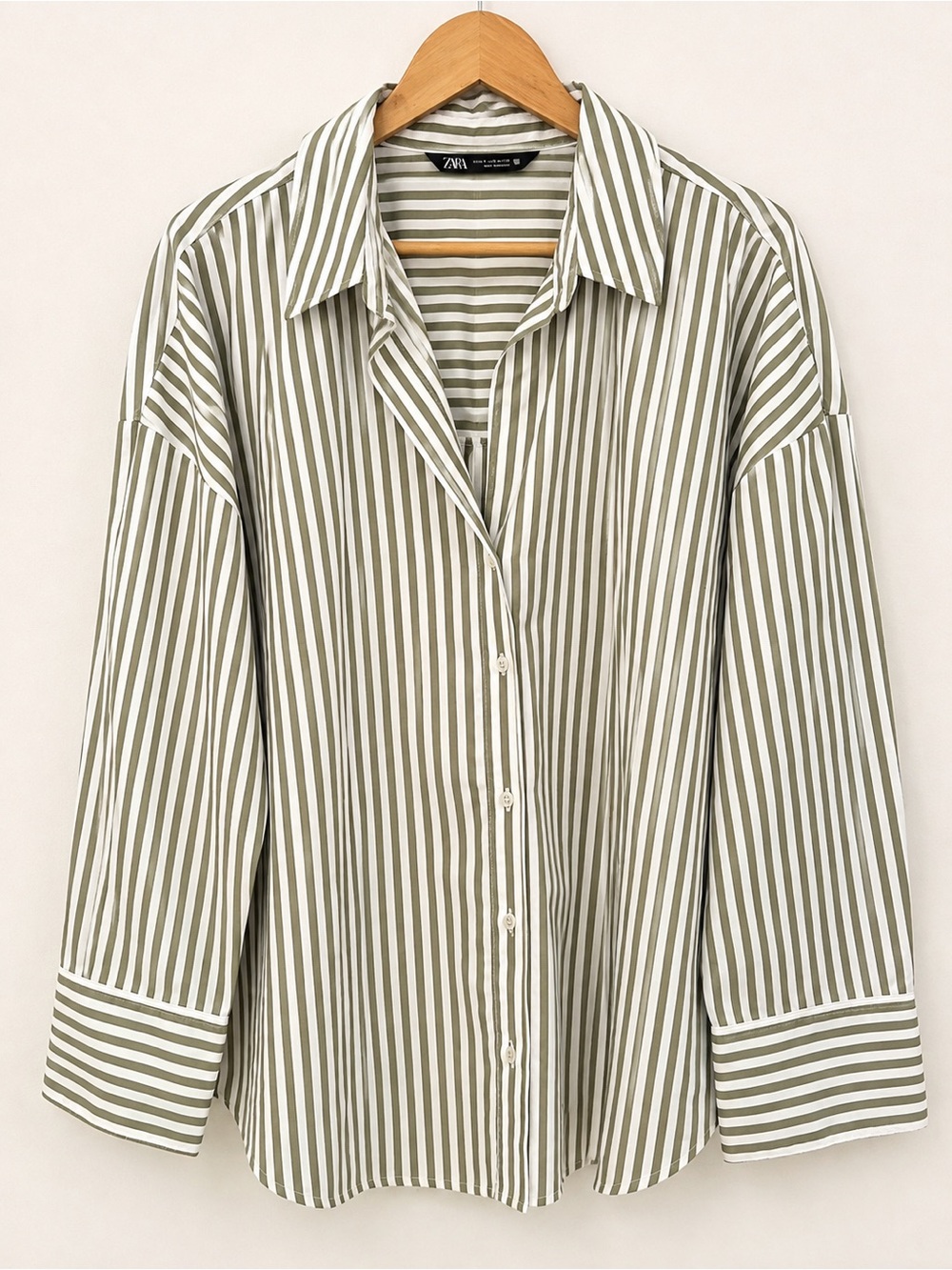 Zara Olive & White Vertical Stripe Button-Down Shirt